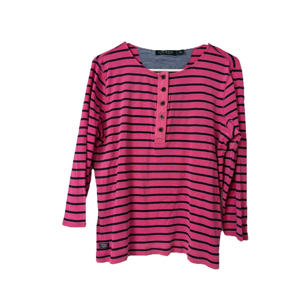 Lauren Ralph Lauren Striped Blouse Womans XL Nautical‎ Preppy Pink Blue Striped